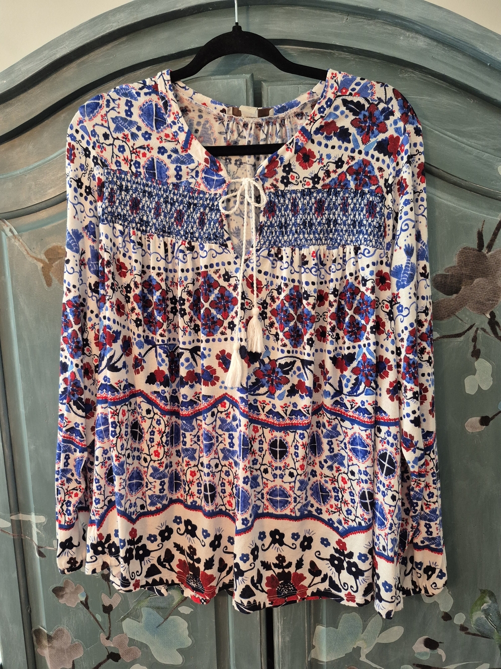 Vintage America Blue & Red Floral Smocked Peasant Tunic